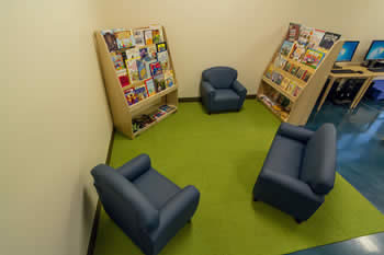 Reading area with books and chairs